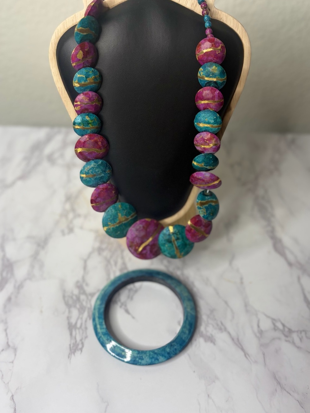 Bold Turquoise & Magenta Beaded Necklace with Matching Turquoise Bangle